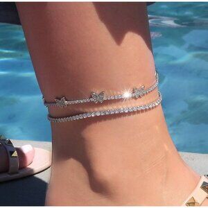 Iced Out Cubic Zirconia Tennis Chain Butterfly Anklet, Ankle Bracelet
